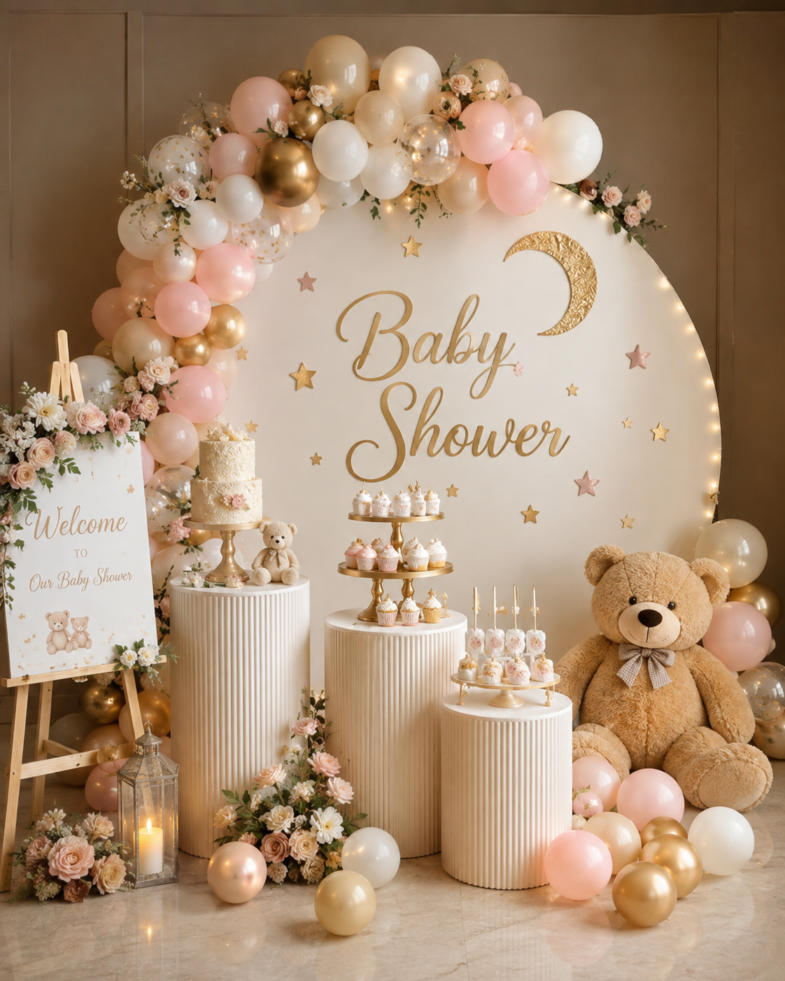 Baby shower decoration concept with pastel balloons, teddy bear, flowers and dessert pedestals
