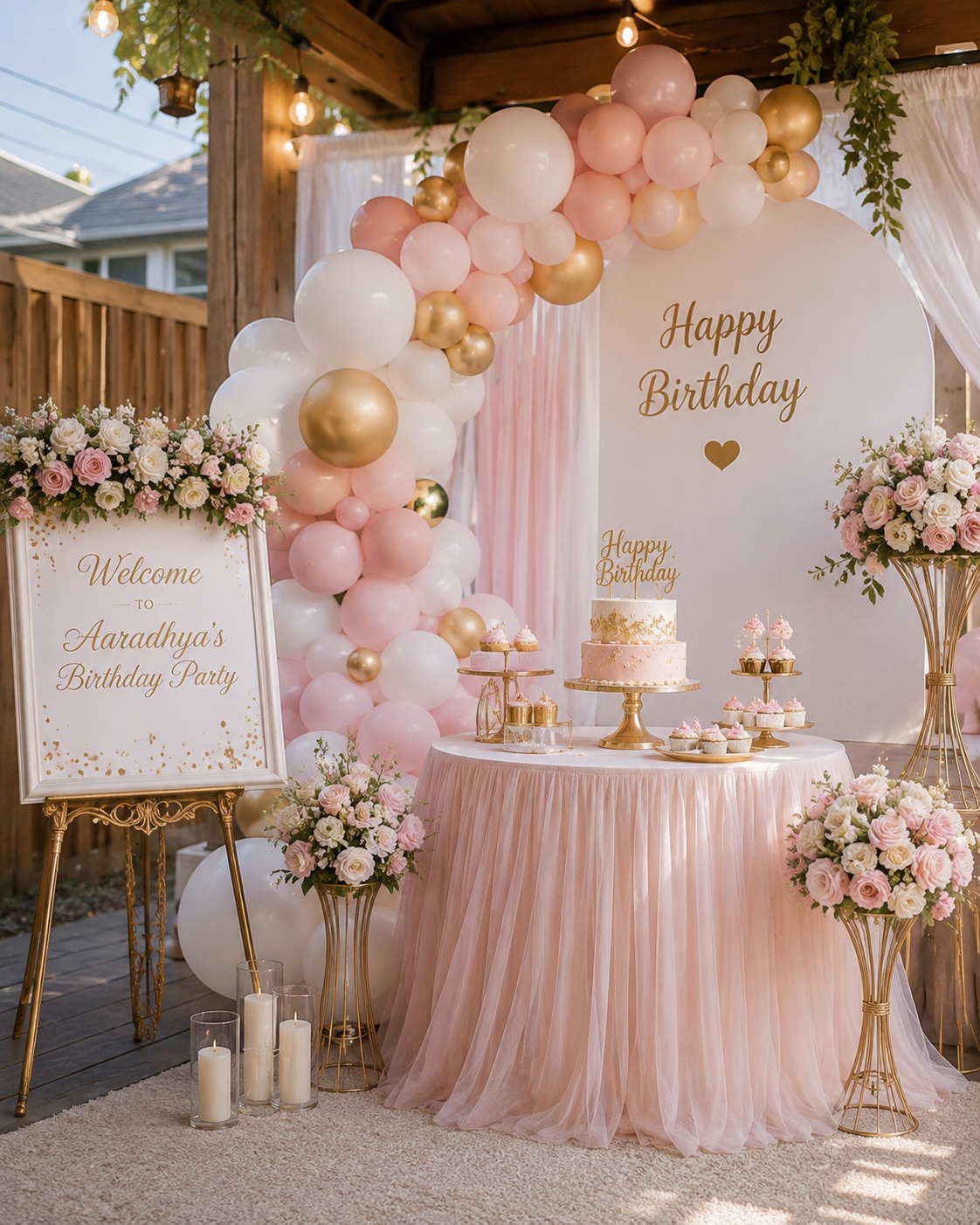 Birthday party decoration concept with balloon arch, flowers, cake table and elegant backdrop