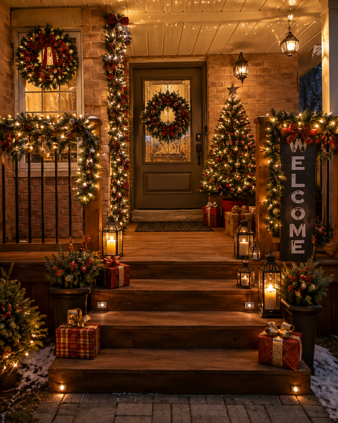 Christmas porch decoration concept with garlands, warm lights, wreaths, gifts and a Christmas tree