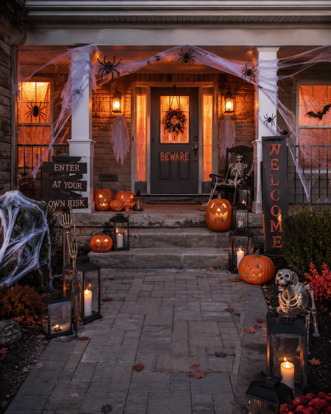 Halloween decoration concept with pumpkins, spider webs, skeletons and lanterns