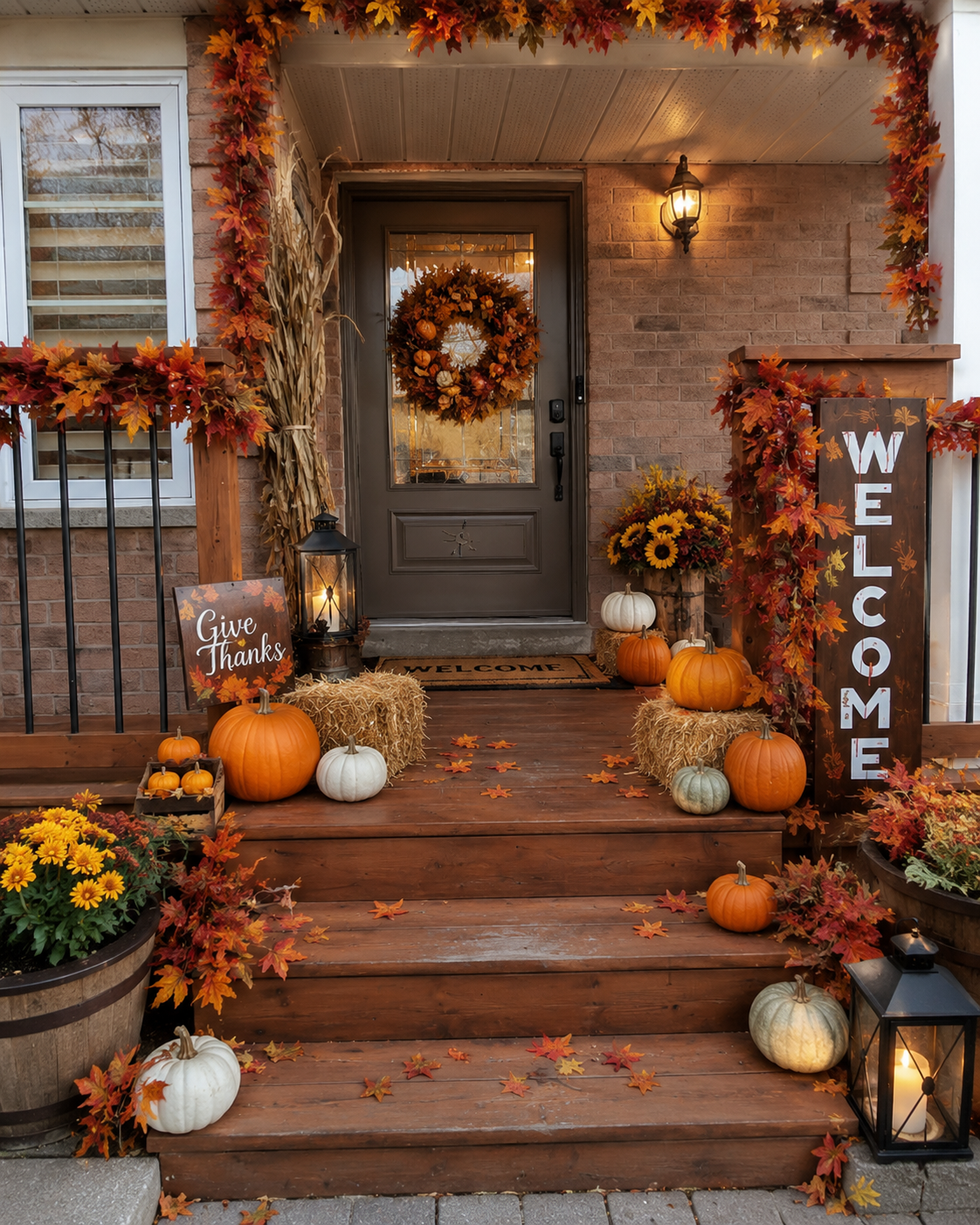 Thanksgiving porch decoration concept with pumpkins, autumn leaves, hay bales and lanterns