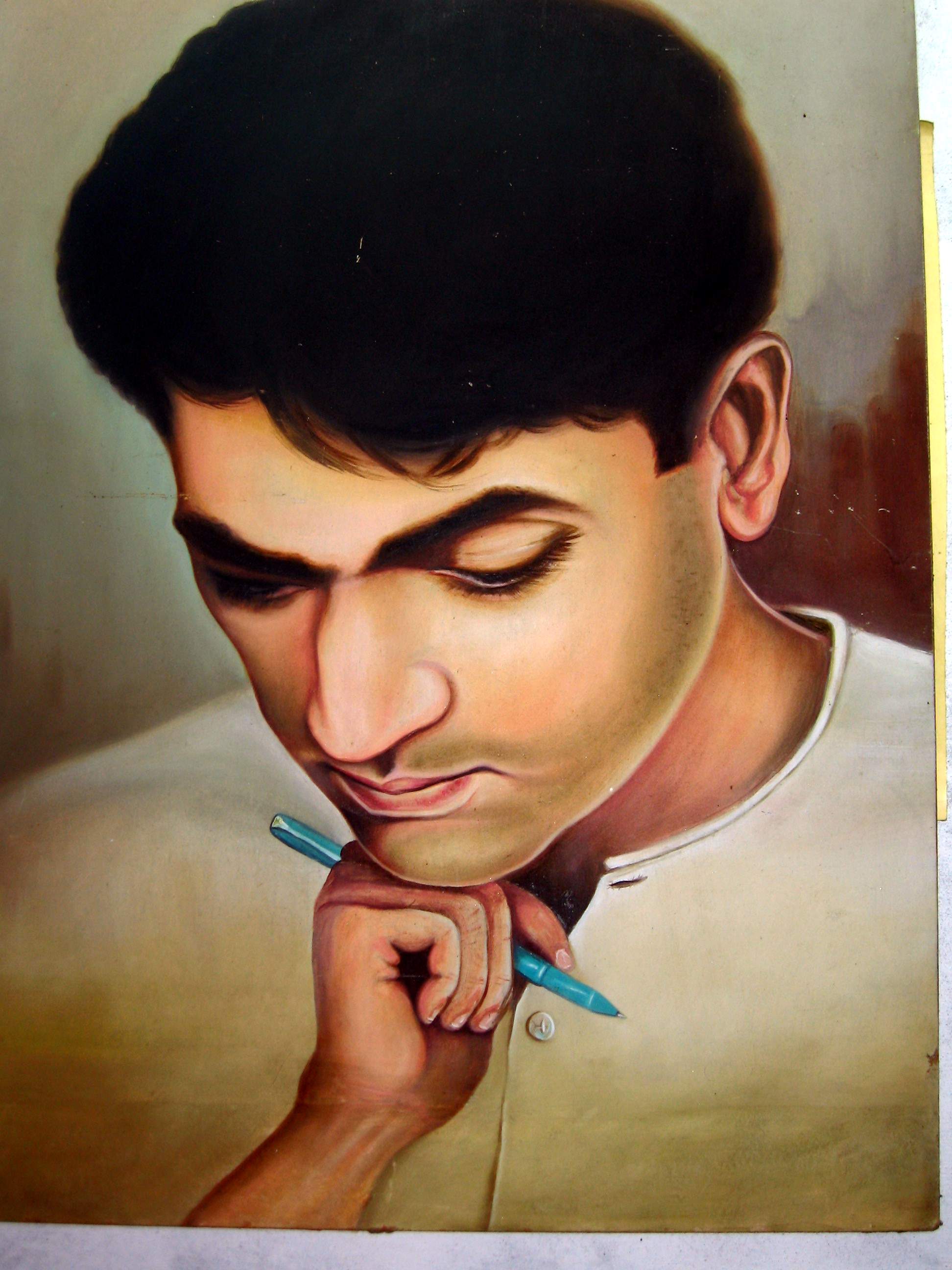 Oil portrait painting of a thoughtful young man