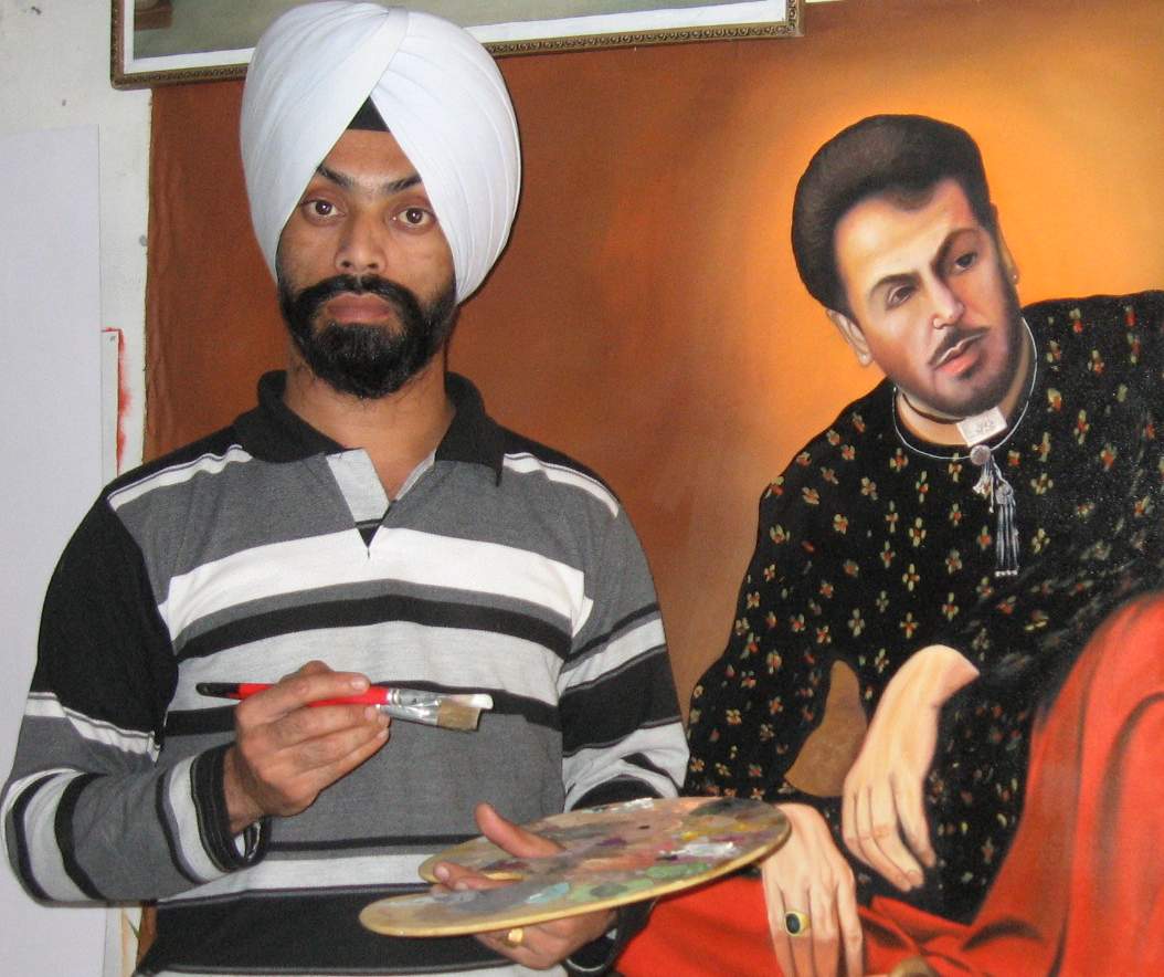 Painting showing an artist working beside a seated portrait subject