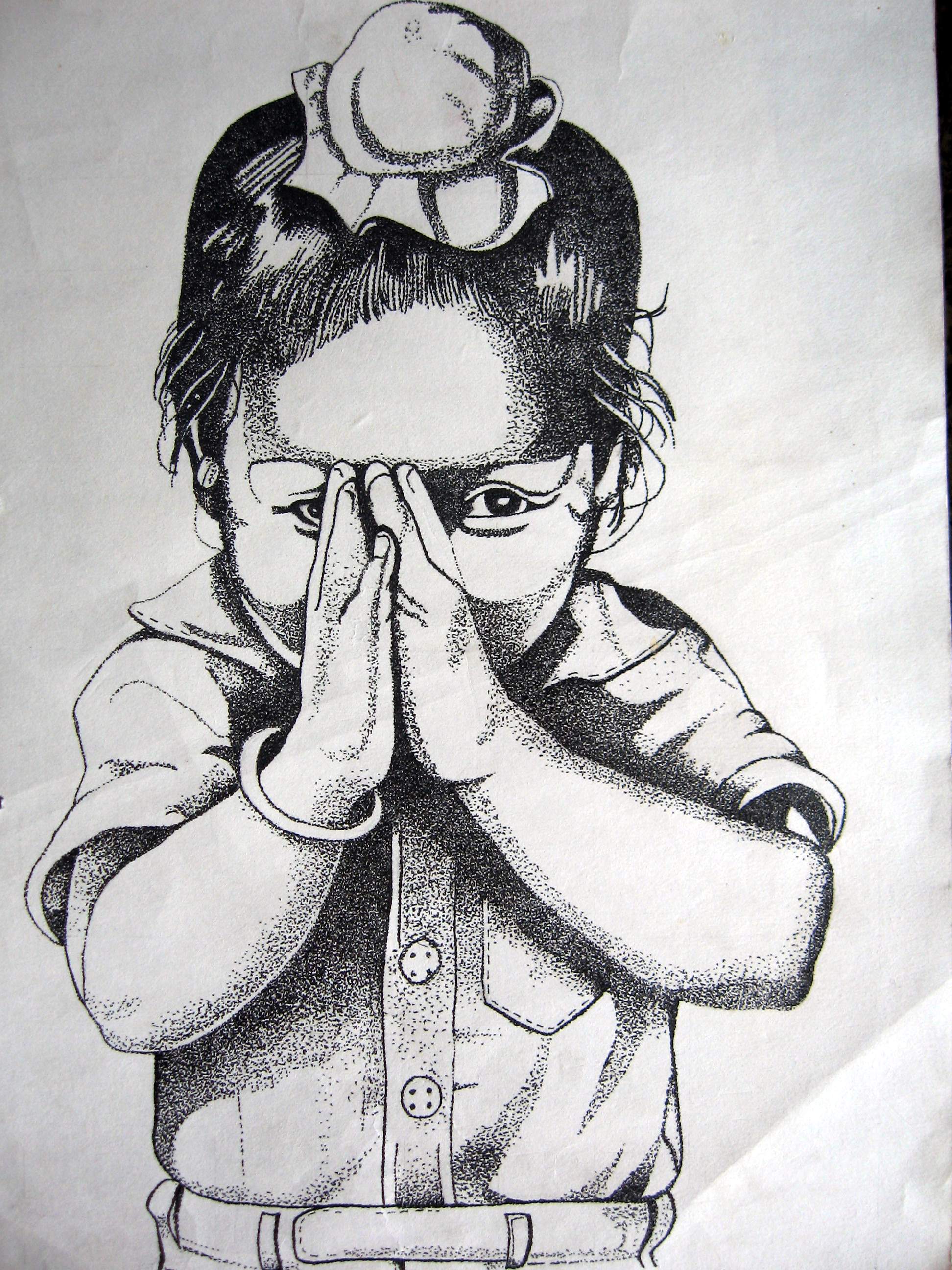 Expressive pencil sketch of a person holding their face
