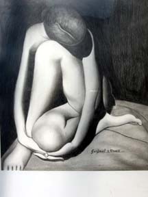 Monochrome seated figure pencil drawing